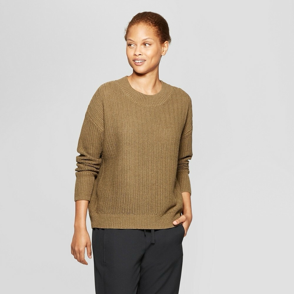 Prologue (Small) Olive Green Knit Crewneck Pullover Sweater: Fall, Classic